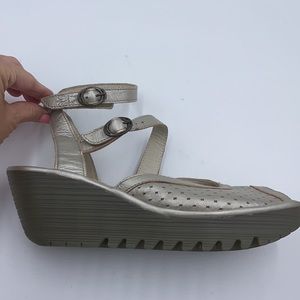 Fly London ankle wrap silver metallic peep toe wedge sandals 39 real size 9